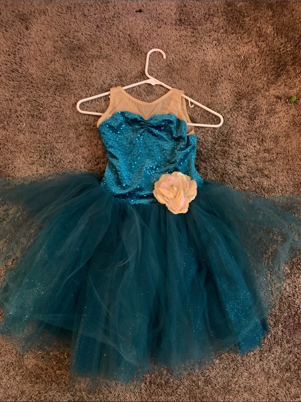 Weissman Teal Sequin Tulle Dance Costume with Cream Flower